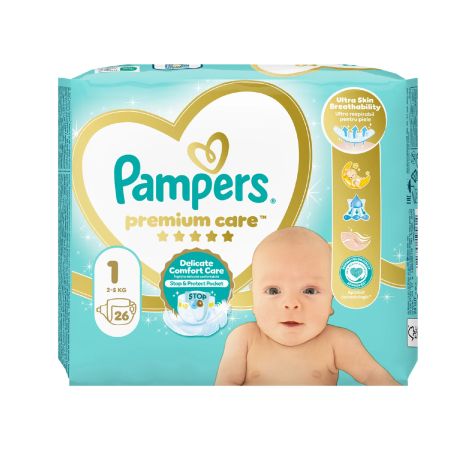Scutece Premium Care, Nr. 1, 2-5 kg, 26 buc, Pampers