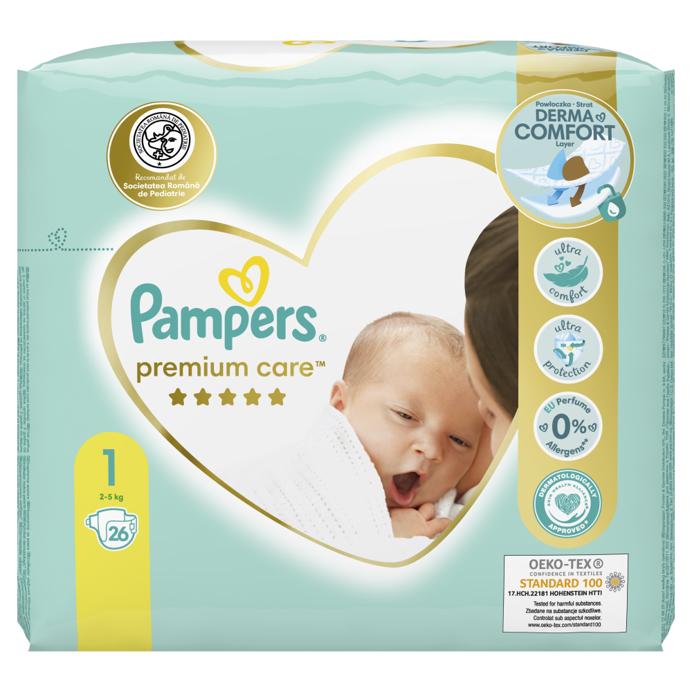 Scutece Premium Care, Nr. 1, 2-5 kg, 26 buc, Pampers