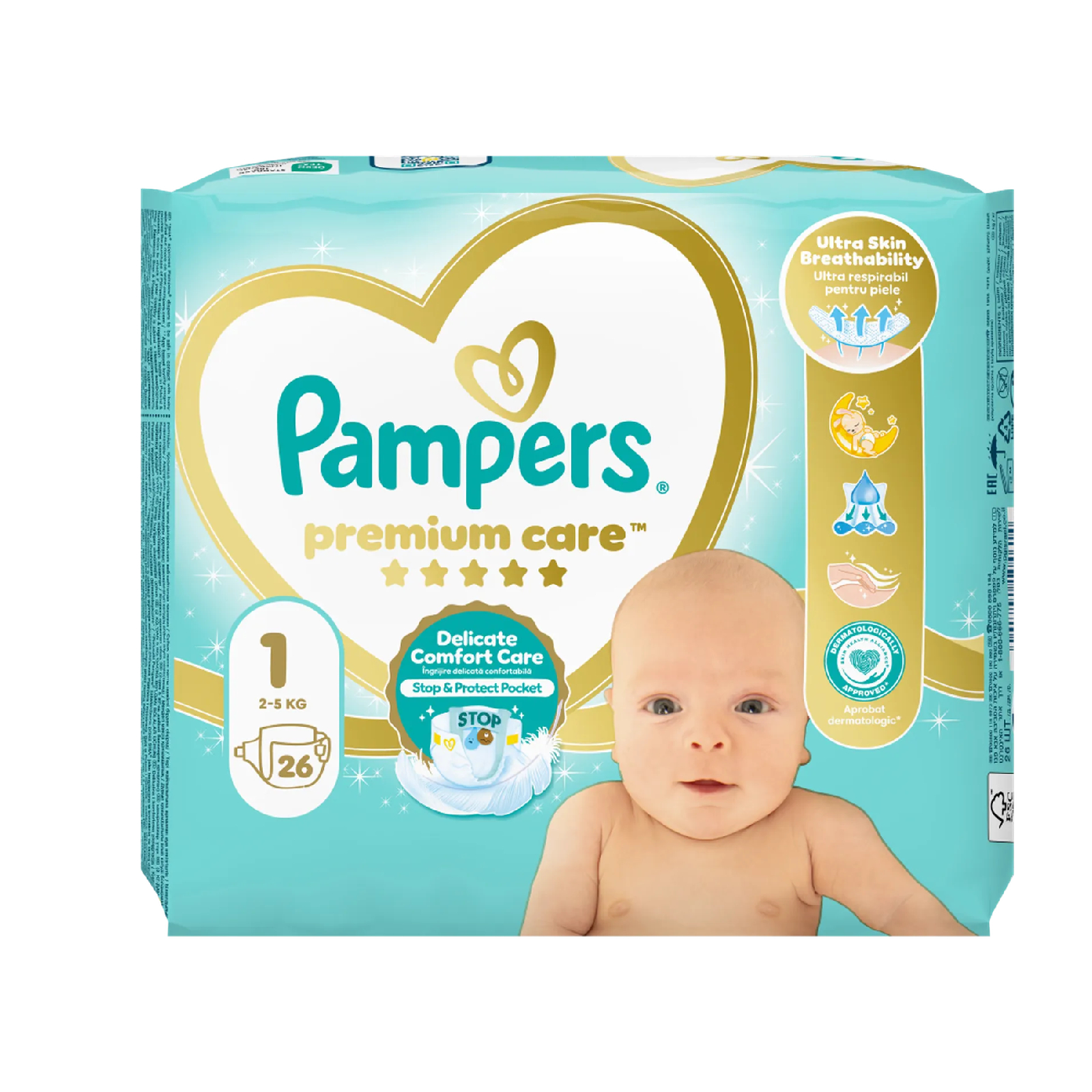 Scutece Premium Care, Nr. 1, 2-5 kg, 26 buc, Pampers