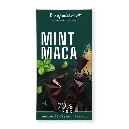 Ciocolata neagra Bio 70% cu Menta si Maca, 60 g, Benjamissimo