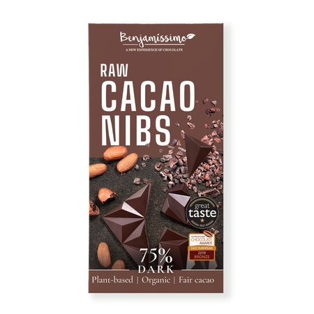 Ciocolata neagra Bio 75% cu cacao nibs, 60 g, Benjamissimo