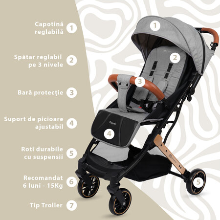 Carucior sport pentru copii Travel, Grey, Appekids 696492