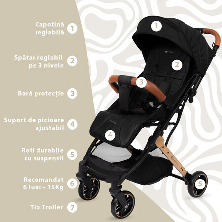 Carucior sport pentru copii Travel, Black, Appekids 696498