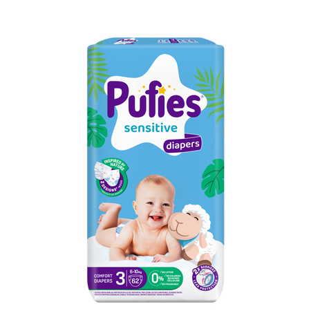 Scutece Sensitive, Nr 3. 6-10 kg, 62 bucati, Pufies
