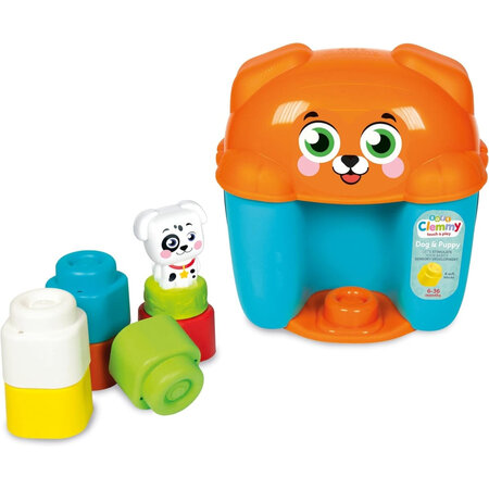 Jucarie educationala - Cos Catelus cu cuburi de constructie Soft Clemmy, 6 luni+, Clementoni 697250