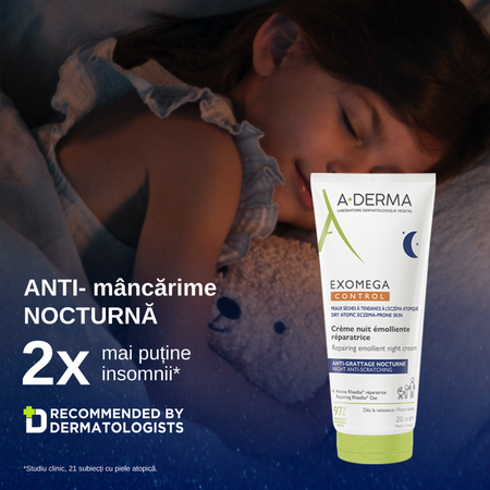 Crema de noapte emolienta pentru piele uscata, atopica Exomega Contro, 200 ml, ADerma 698564
