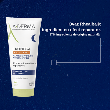 Crema de noapte emolienta pentru piele uscata, atopica Exomega Contro, 200 ml, ADerma 698565