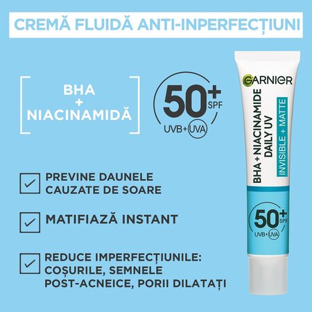 Crema fluida invizibila anti-imperfectiuni cu SPF 50+ Pure Active, 40 ml, Garnier 698909