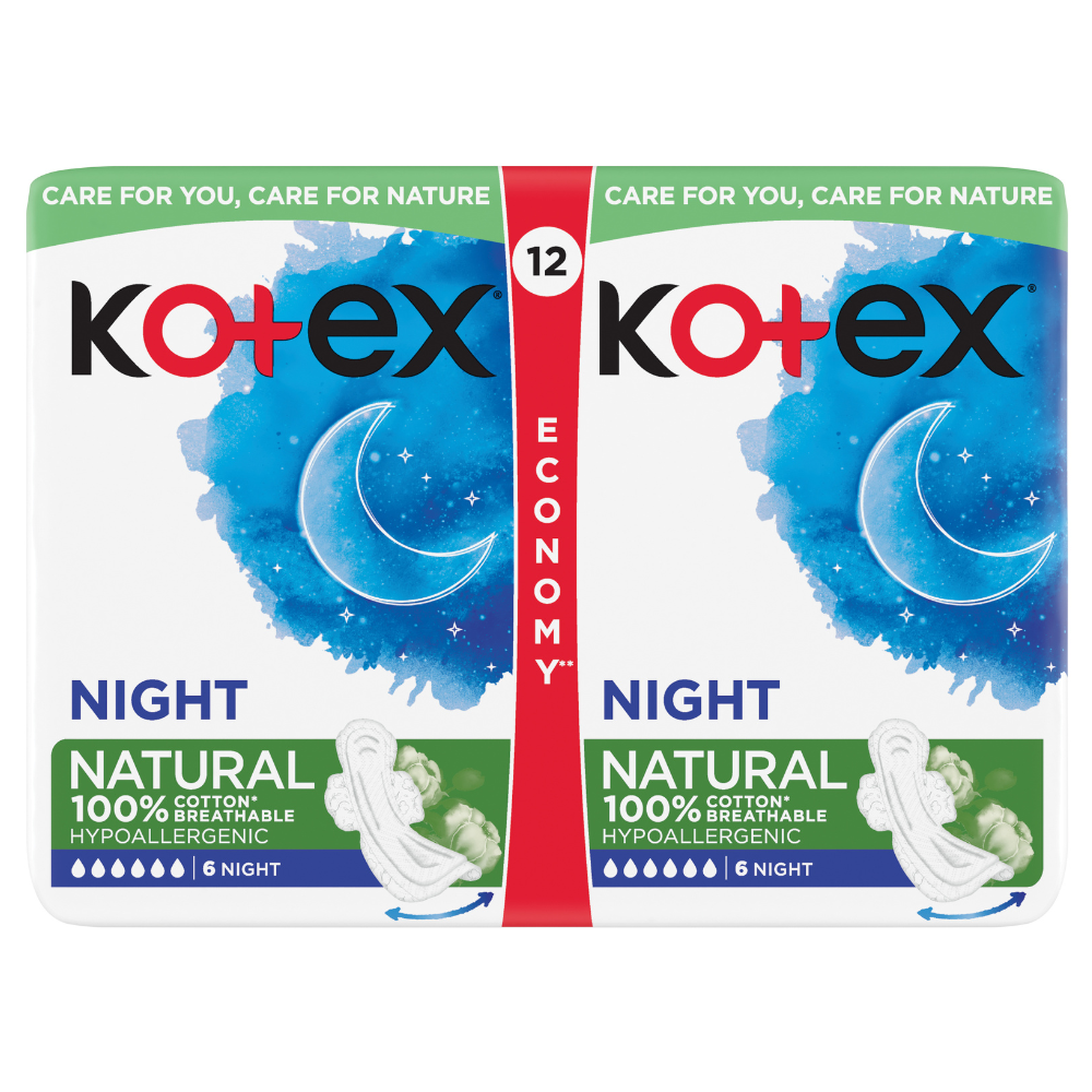 Absorbante hipoalergenice Natural, Night, 12 bucati, Kotex