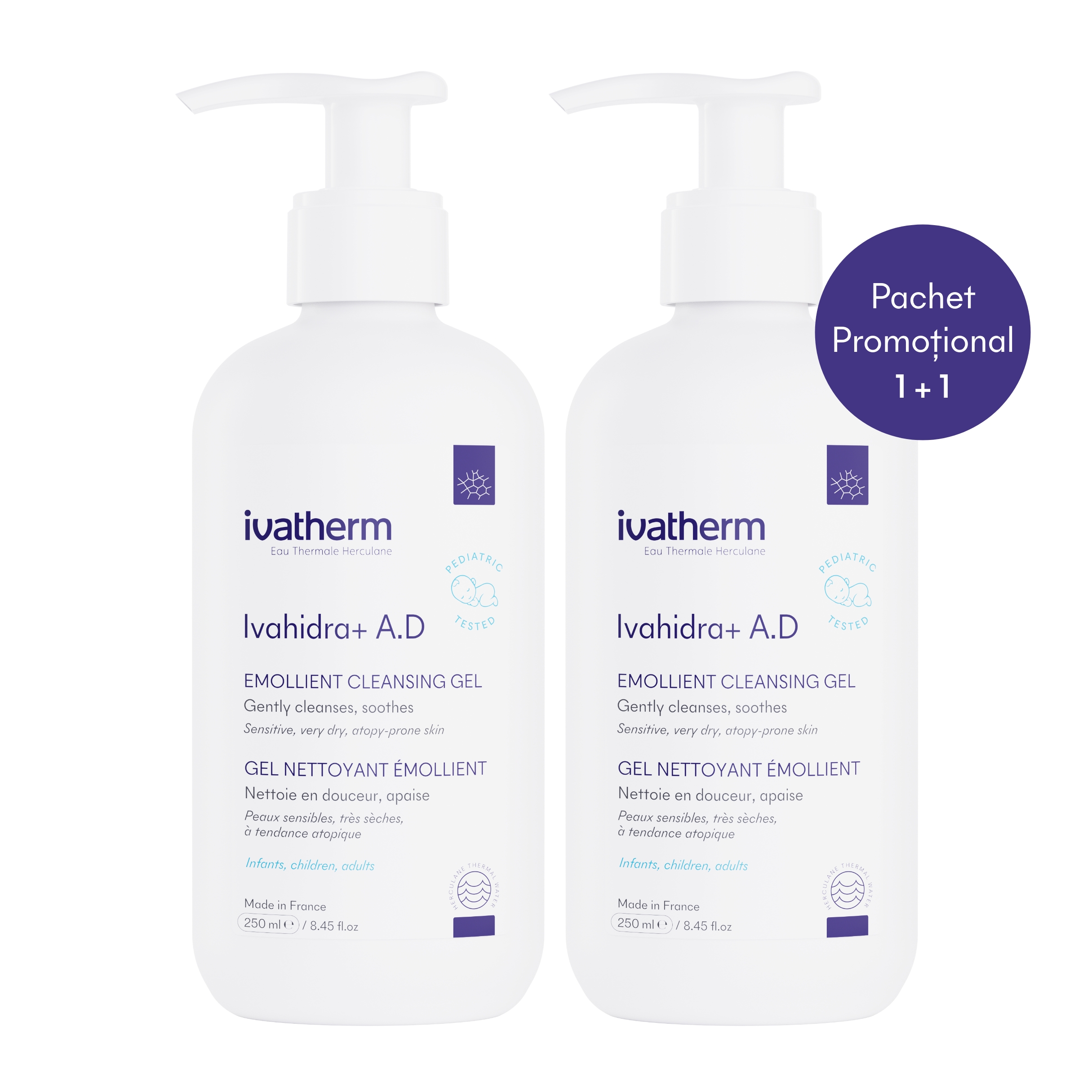 Pachet Gel spalare emolient Ivahidra+ A.D, 2x250 ml, Ivatherm
