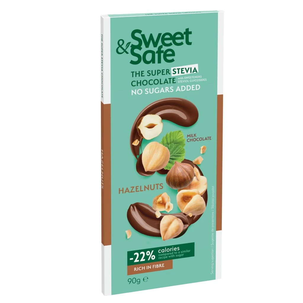 Ciocolata cu lapte cu alune de padure si Stevia, 90 g, Sweet & Safe