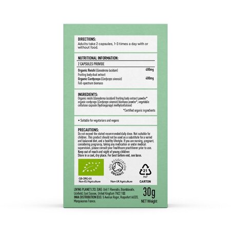 Organic Myco O2 Reishi si Cordyceps, 800 mg Pure Grade Extract, 60 capsule, Mushrooms For Life 701500