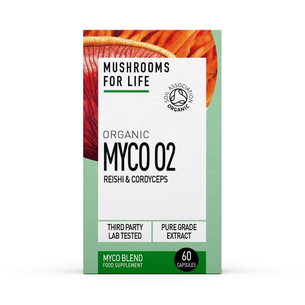 Organic Myco O2 Reishi si Cordyceps, 800 mg Pure Grade Extract, 60 capsule, Mushrooms For Life