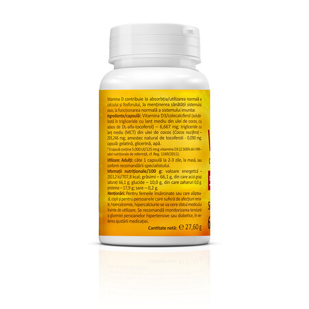 Vitamina D3 cu ulei de cocos, 5000 UI, 60 capsule, Zenyth 771617
