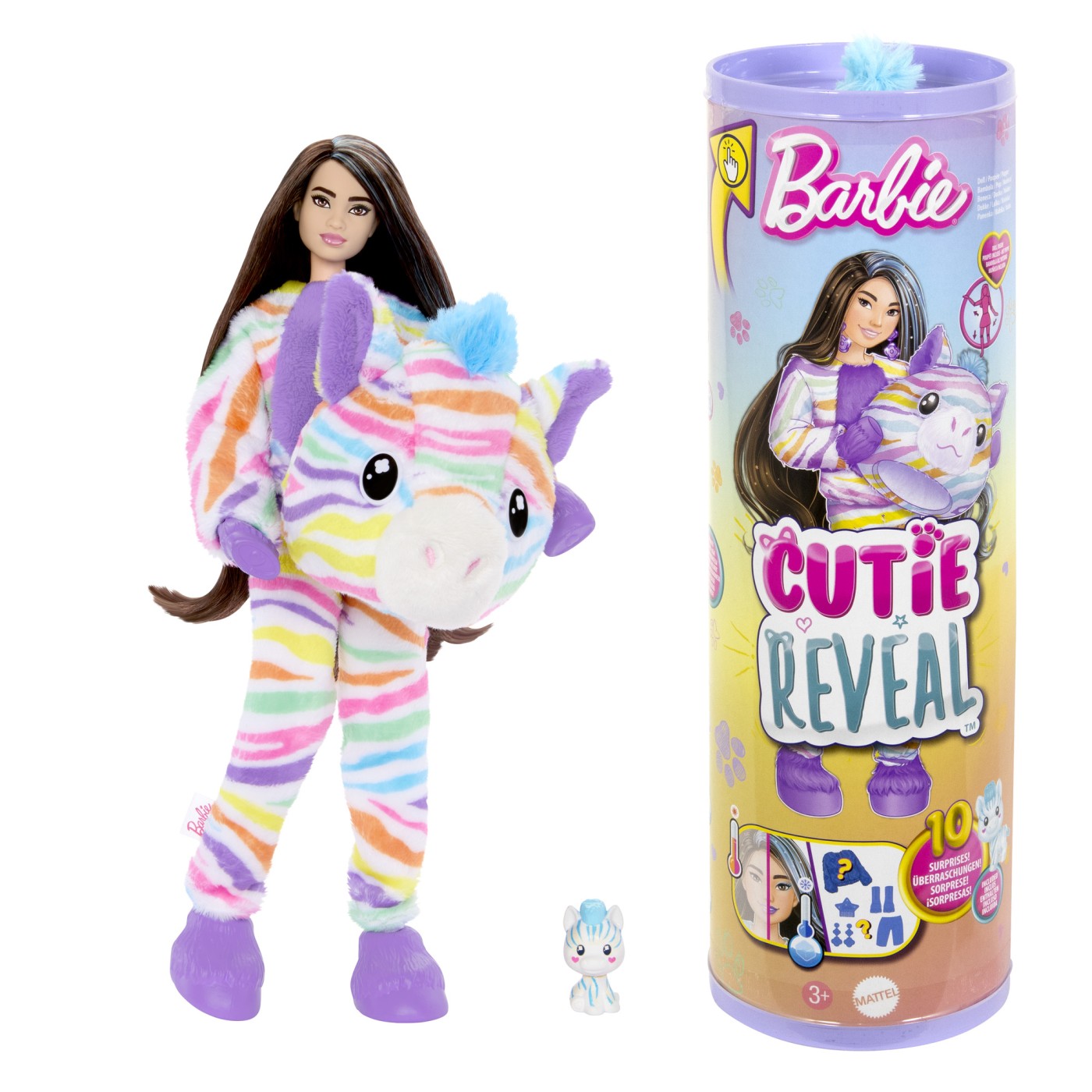 Papusa Cutie Reveal, 3 ani+, Zebra cu dungi curcubeu, Barbie