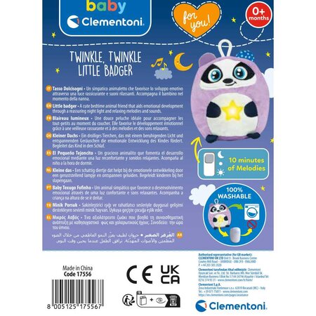 Jucarie de plus cu lumina de noapte si sunete Baby, Bursuc, 0 luni+, Clementoni 702706