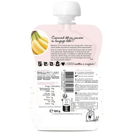 Piure Bio cu 85% Banane, 4-6 luni, 120 g, Popote 704779