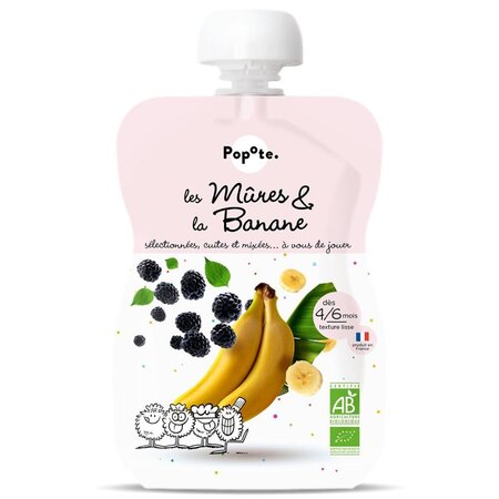 Piure Bio cu 51% mure si 43% banane, 4-6 luni, 120 g, Popote