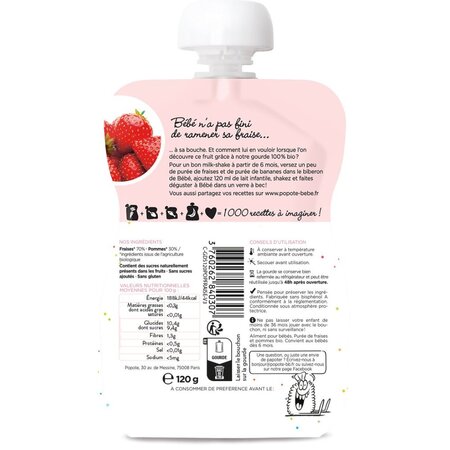 Piure Bio cu 70% capsuni, 4-6 luni, 120 g, Popote 704833