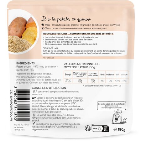 Mancare bio cu cartofi dulci si quinoa, 8 luni+, 180 g, Popote 704853