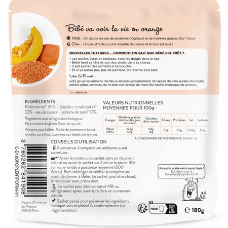 Mancare Bio cu dovleac si linte rosie, 8 luni+, 180 g, Popote 704857