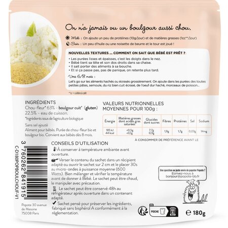 Mancare Bio cu conopida si bulgur, 8 luni+, 180 g, Popote 704861