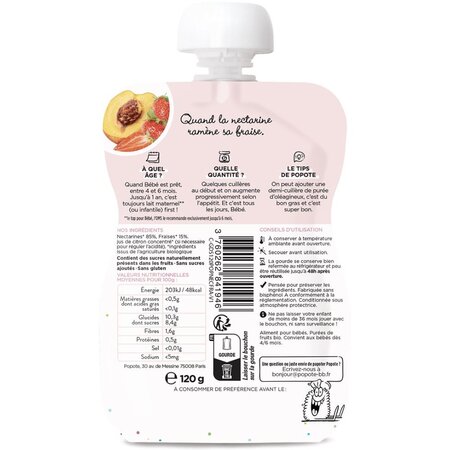 Piure Bio cu nectarine si capsuni, 4-6 luni, 120 g, Popote 704867