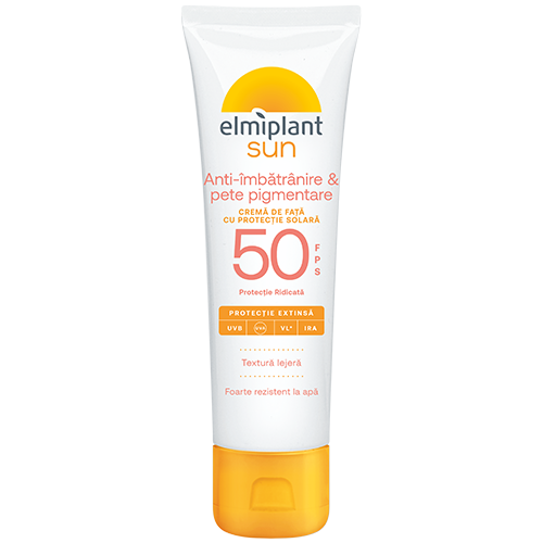 Crema de fata SPF50 anti-age si pete pigmentare Sun, 50 ml, Elmiplant