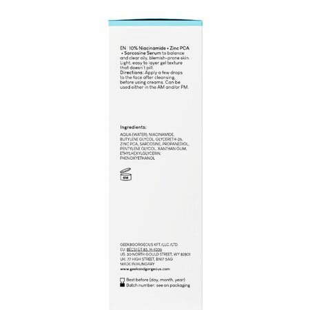 Serum cu 10% Niacinamide + Zinc PCA + Sarcozina B-Bomb, 30 ml, Geek&Gorgeous 760199