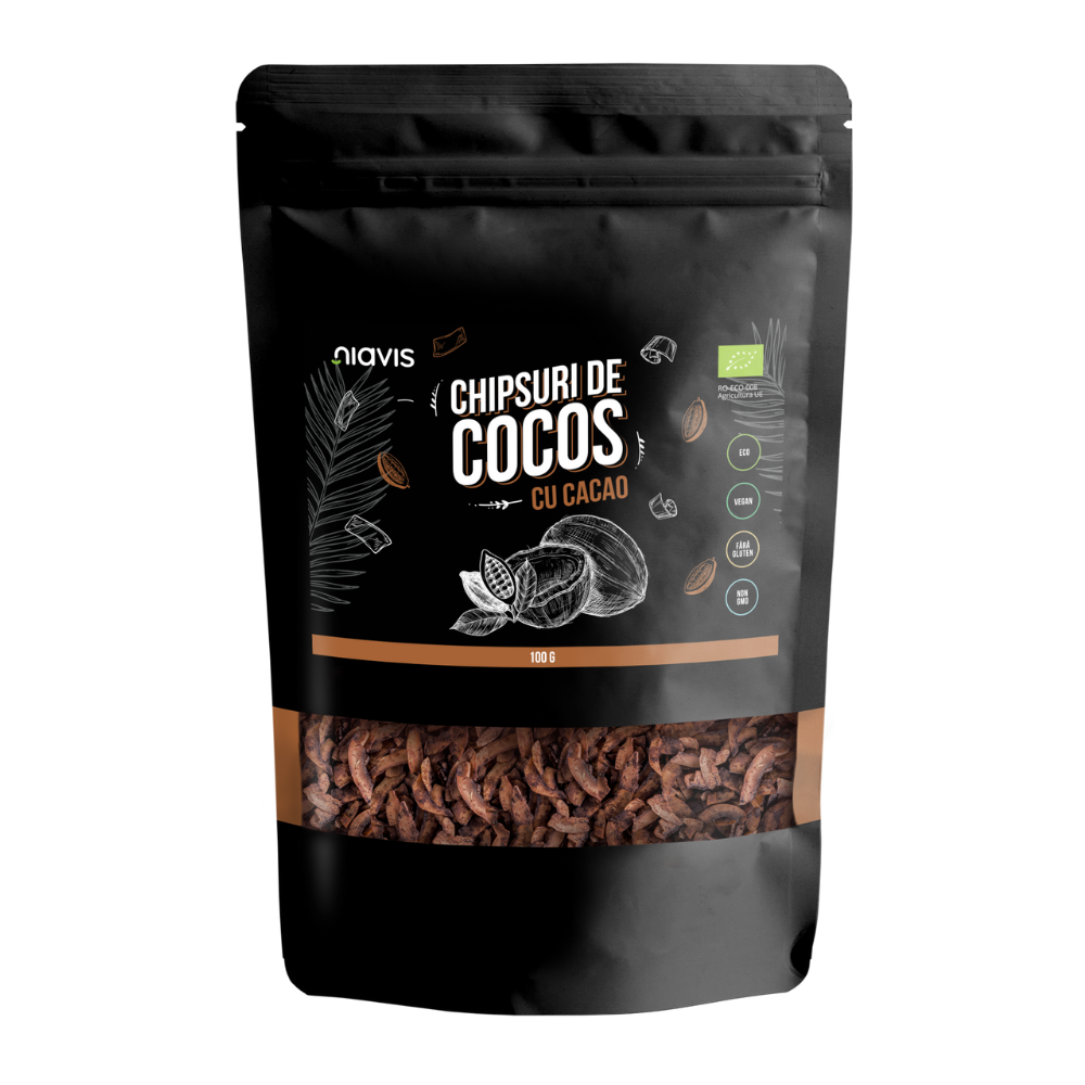 Chipsuri de cocos Bio cu cacao, 100 g, Niavis Bio