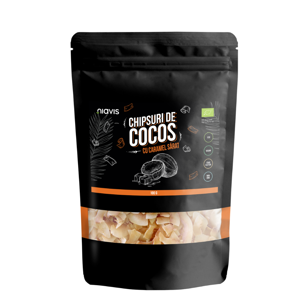 Chipsuri de cocos Bio cu caramel sarat, 100 g, Niavis Bio