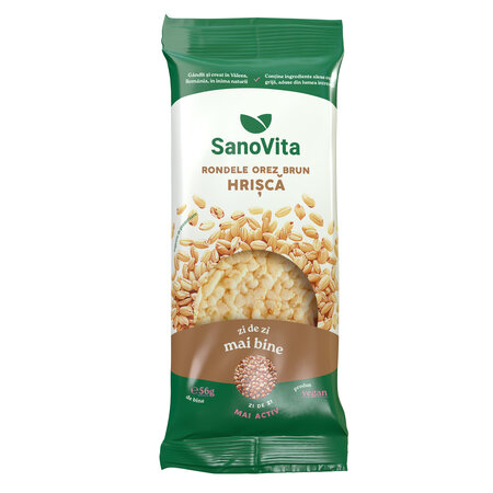 Rondele din orez brun cu hrisca, 56 g, Sanovita