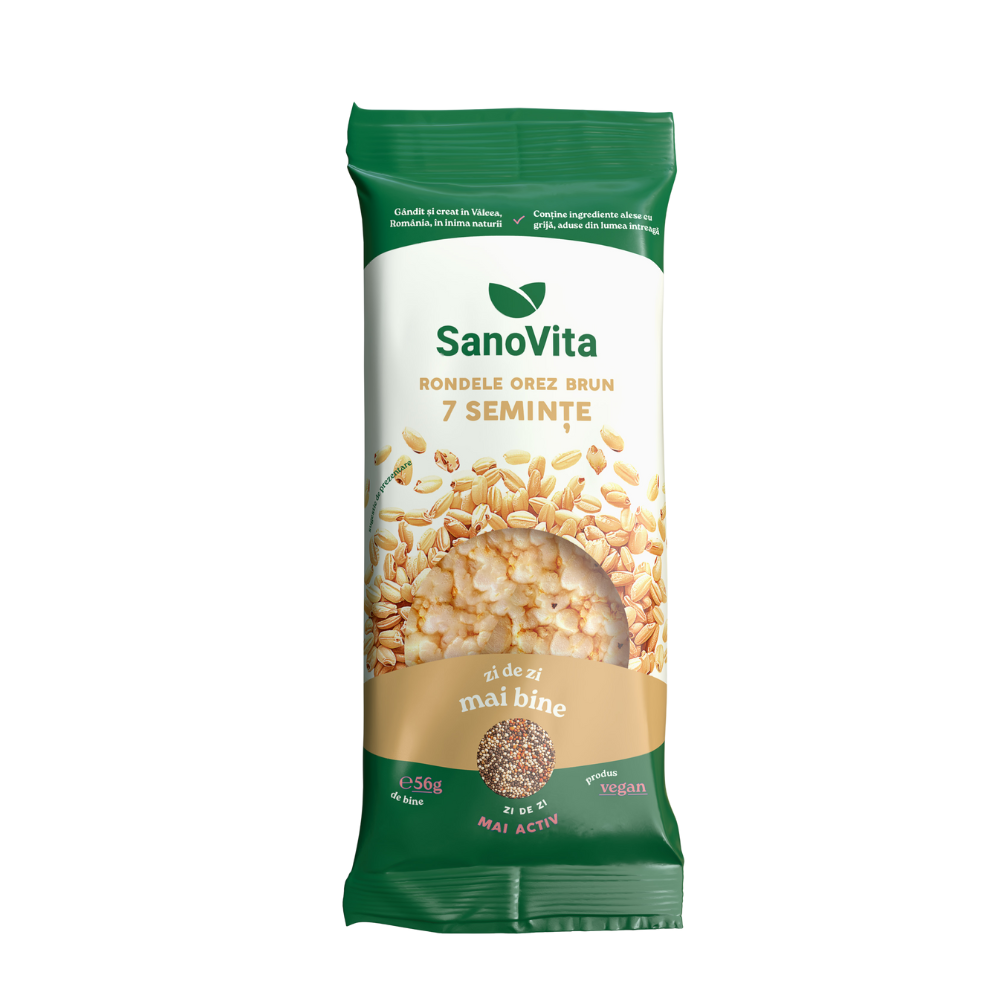 Rondele din orez brun si seminte, 56 g, Sanovita