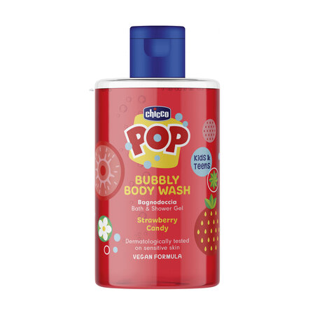 Gel de dus spumant cu aroma de bomboane cu capsuni, formula vegana, pentru copii si adolescenti Chicco Pop, 300 ml, Chicco