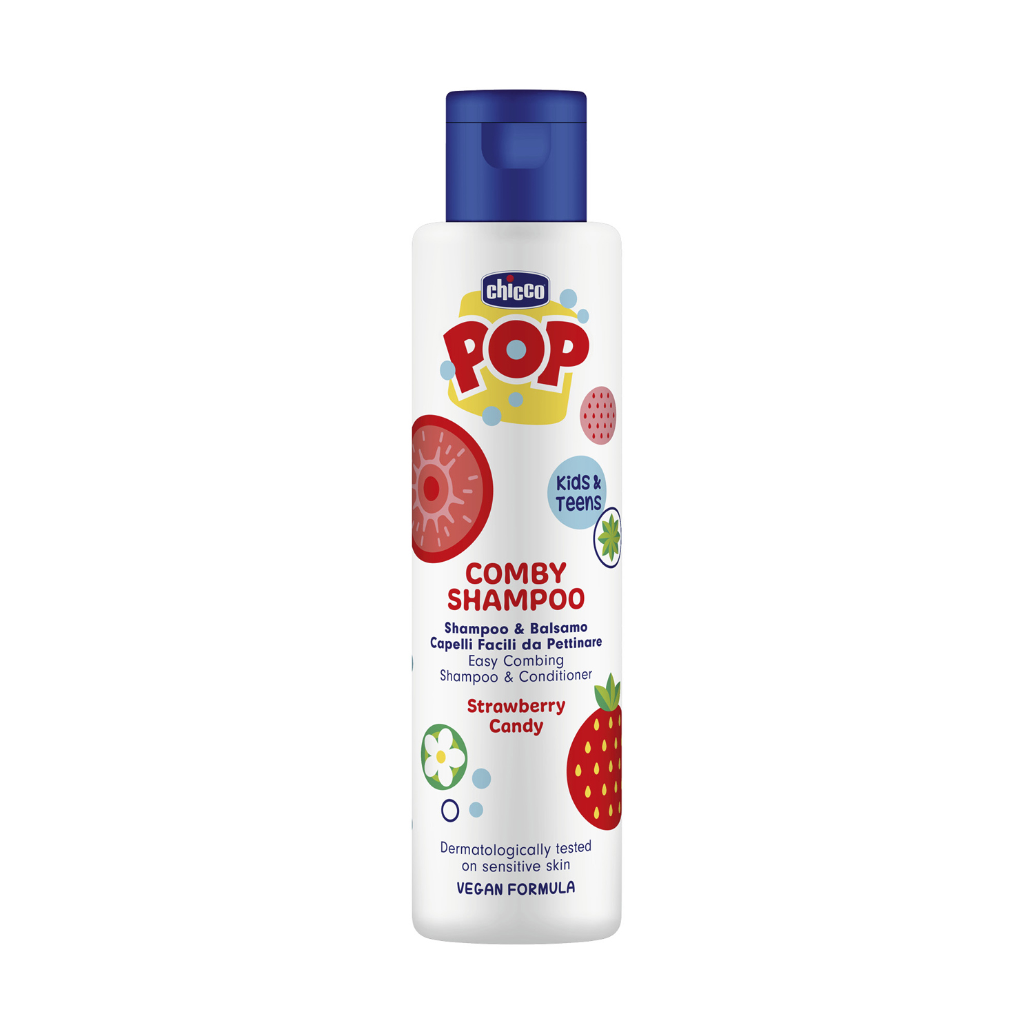 Sampon si balsam de par 2 in 1 Chicco POP, Bomboane cu capsuni, 250 ml, Chicco