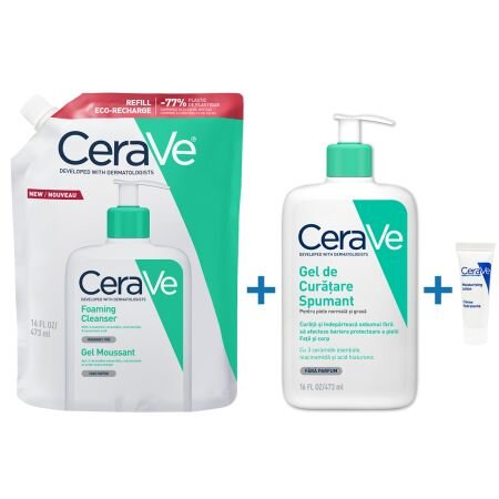 Pachet Gel spumant de curatare, 473 ml + Refill Gel spumant de curatare, 473 ml + Lotiune hidratanta, 5 ml, CeraVe 707713