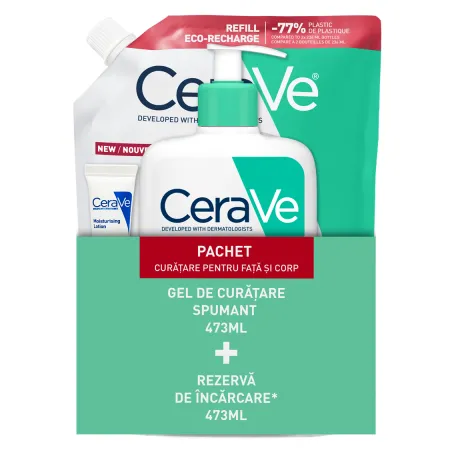 Pachet Gel spumant de curatare, 473 ml + Refill Gel spumant de curatare, 473 ml + Lotiune hidratanta, 5 ml, CeraVe