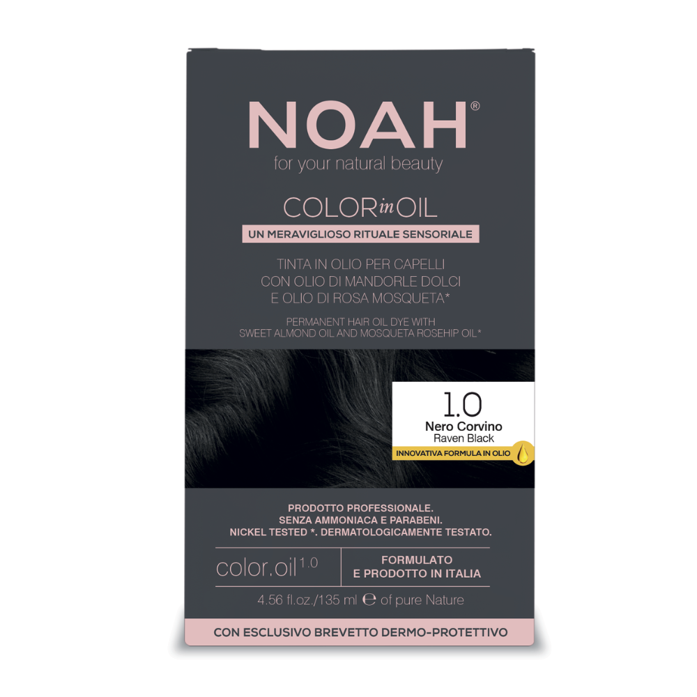Vopsea de par permanenta fara amoniac pe baza de ulei Color in Oil, 1.0 Raven Black, 135 ml, Noah