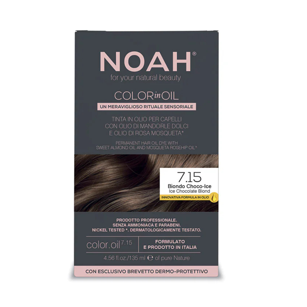 Vopsea de par permanenta fara amoniac pe baza de ulei Color in Oil, 7.15 Ice Chocolate Blond, 135 ml, Noah