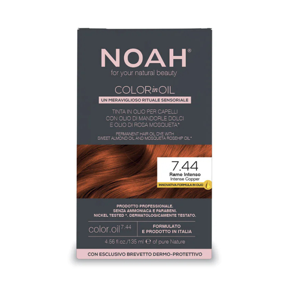 Vopsea de par permanenta fara amoniac pe baza de ulei Color in Oil, 7.44 Intense Copper, 135 ml, Noah