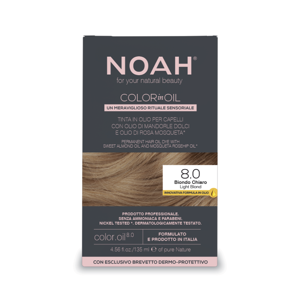 Vopsea de par permanenta fara amoniac pe baza de ulei Color in Oil, 8.0 Light Blond, 135 ml, Noah