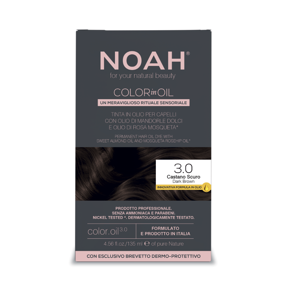 Vopsea de par permanenta fara amoniac pe baza de ulei Color in Oil, 3.0, Dark Brown, 135 ml, Noah