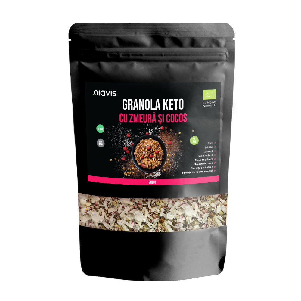 Granola Keto cu Zmeura si Cocos Bio, 200 g, Niavis