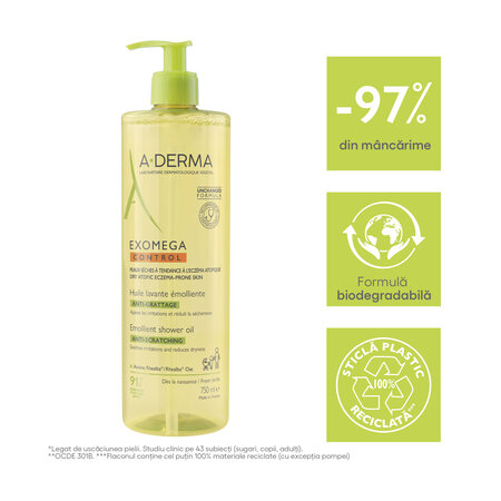 Ulei de dus emolient piele uscata cu tendinta atopica Exomega Control, 750 ml, A-Derma 646625