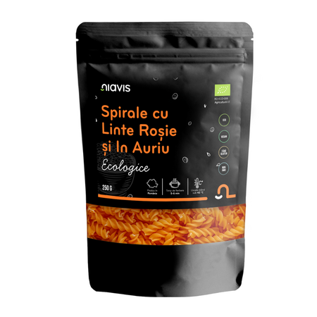 Spirale Bio cu linte rosie si in auriu, 250 g, Niavis
