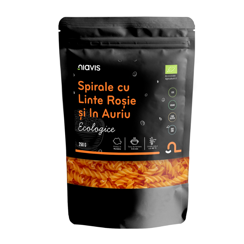 Spirale Bio cu linte rosie si in auriu, 250 g, Niavis