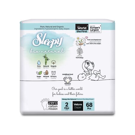 Scutece pentru bebelusi, Nr. 2, 3-6 kg Mini, 68 buc, Sleepy Bio Natural