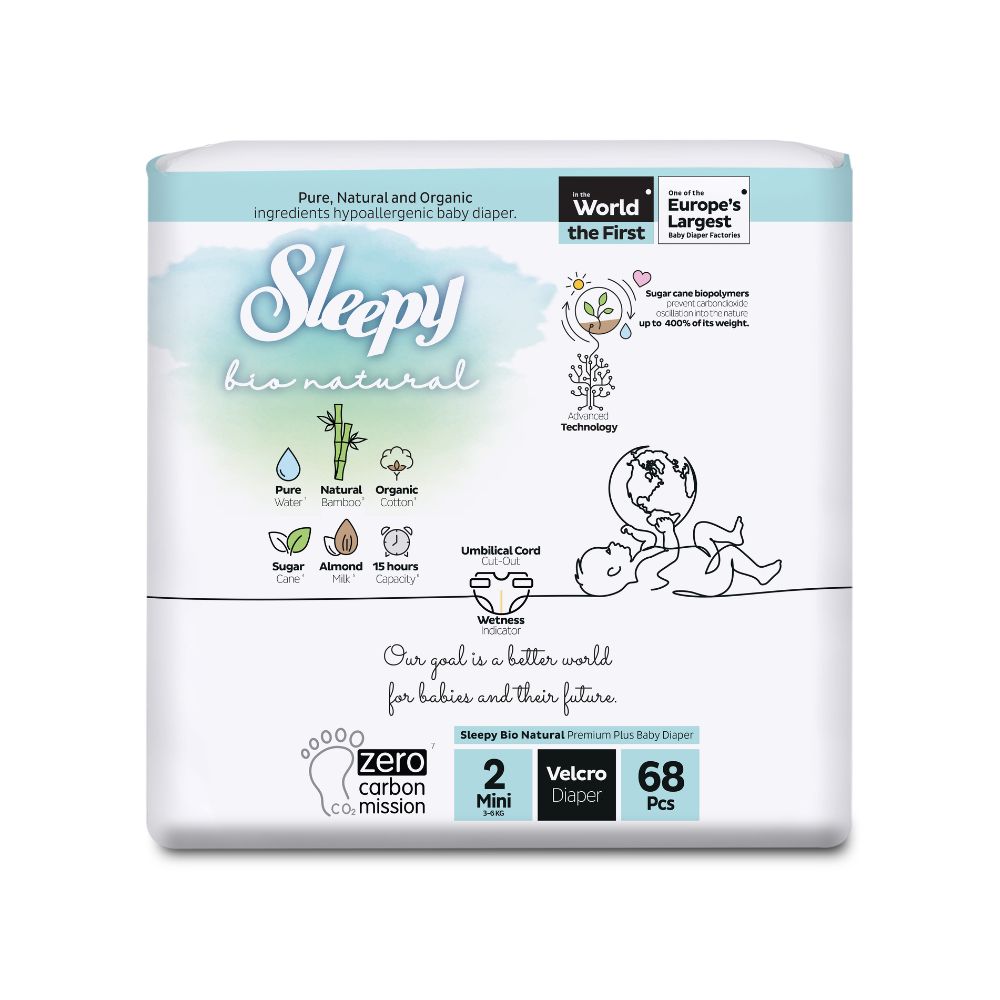 Scutece pentru bebelusi, Nr. 2, 3-6 kg Mini, 68 buc, Sleepy Bio Natural