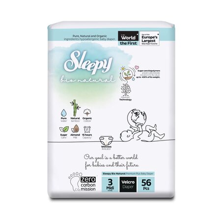 Scutece pentru bebelusi, Nr.3, 4-9 kg Midi, 56 buc, Sleepy Bio Natural