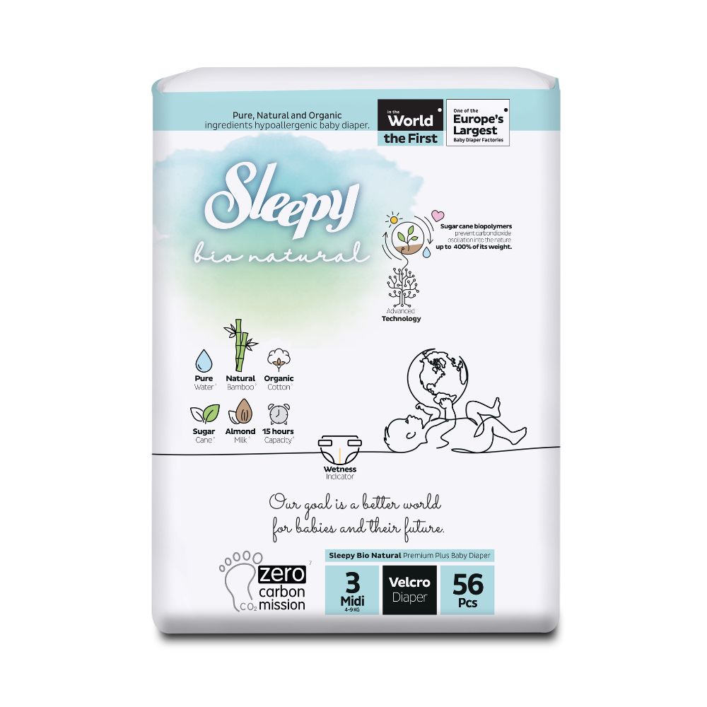 Scutece pentru bebelusi, Nr.3, 4-9 kg Midi, 56 buc, Sleepy Bio Natural